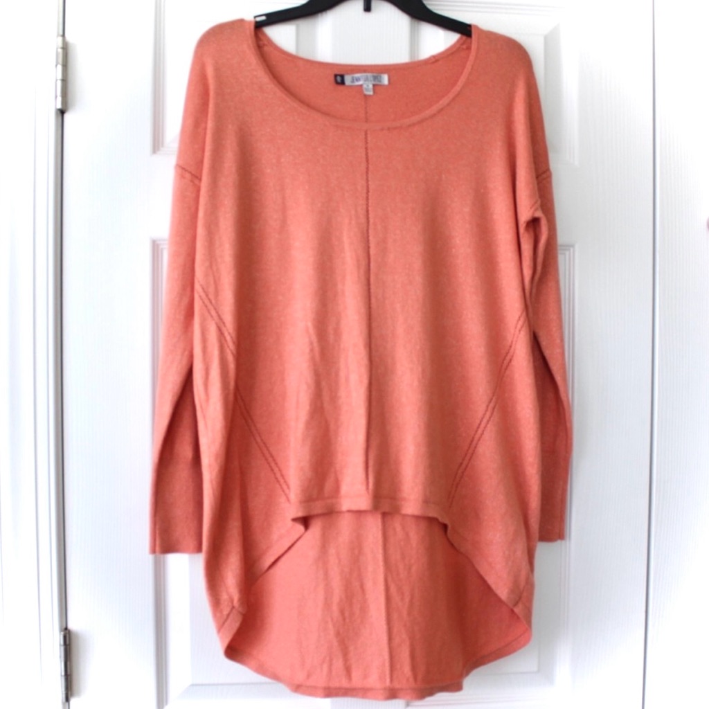 Jennifer Lopez | High Low Peach W Silver Glitter Tinsel Tunic Knit Sweater